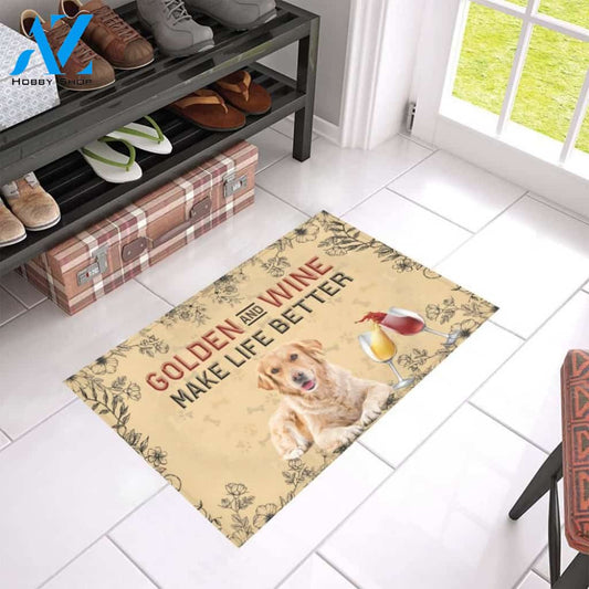 Golden Retriever And Wine Make Life Better Printed Doormat Home Decor