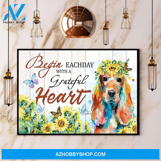 Golden Retriever Begin Each Day With A Grateful Heart Sunflower Canvas And Poster, Wall Decor Visual Art