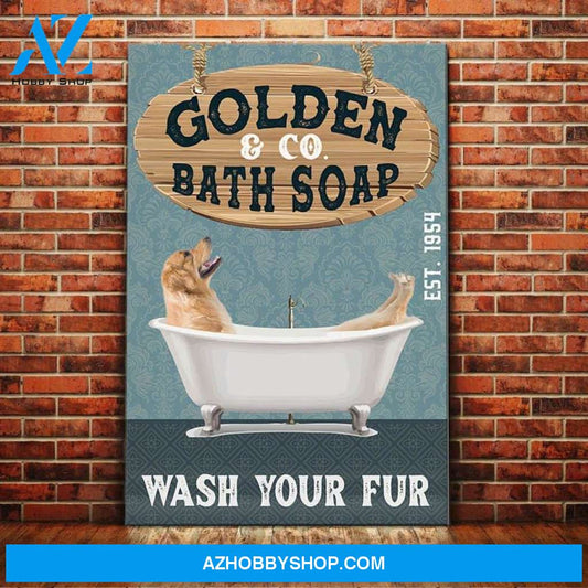 Golden Retriever Dog Bath Soap Company Canvas Wall Art, Wall Decor Visual Art