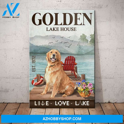 Golden Retriever Dog Lake House Canvas Wall Art, Wall Decor Visual Art