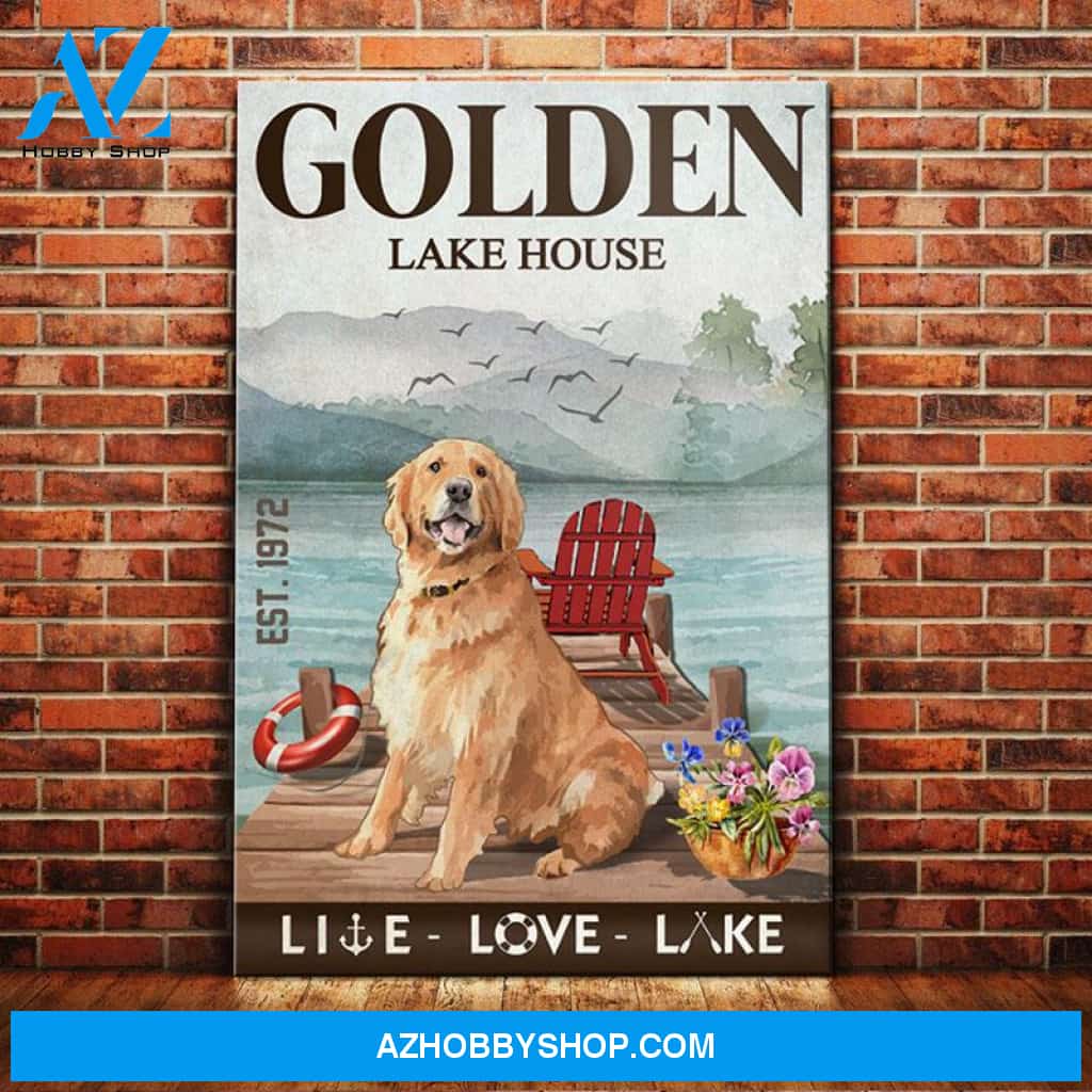 Golden Retriever Dog Lake House Canvas Wall Art, Wall Decor Visual Art