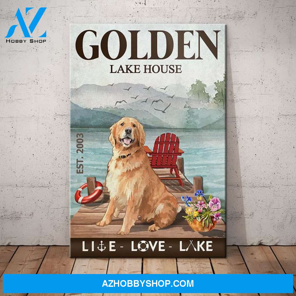 Golden Retriever Dog Lake House Canvas Wall Art, Wall Decor Visual Art