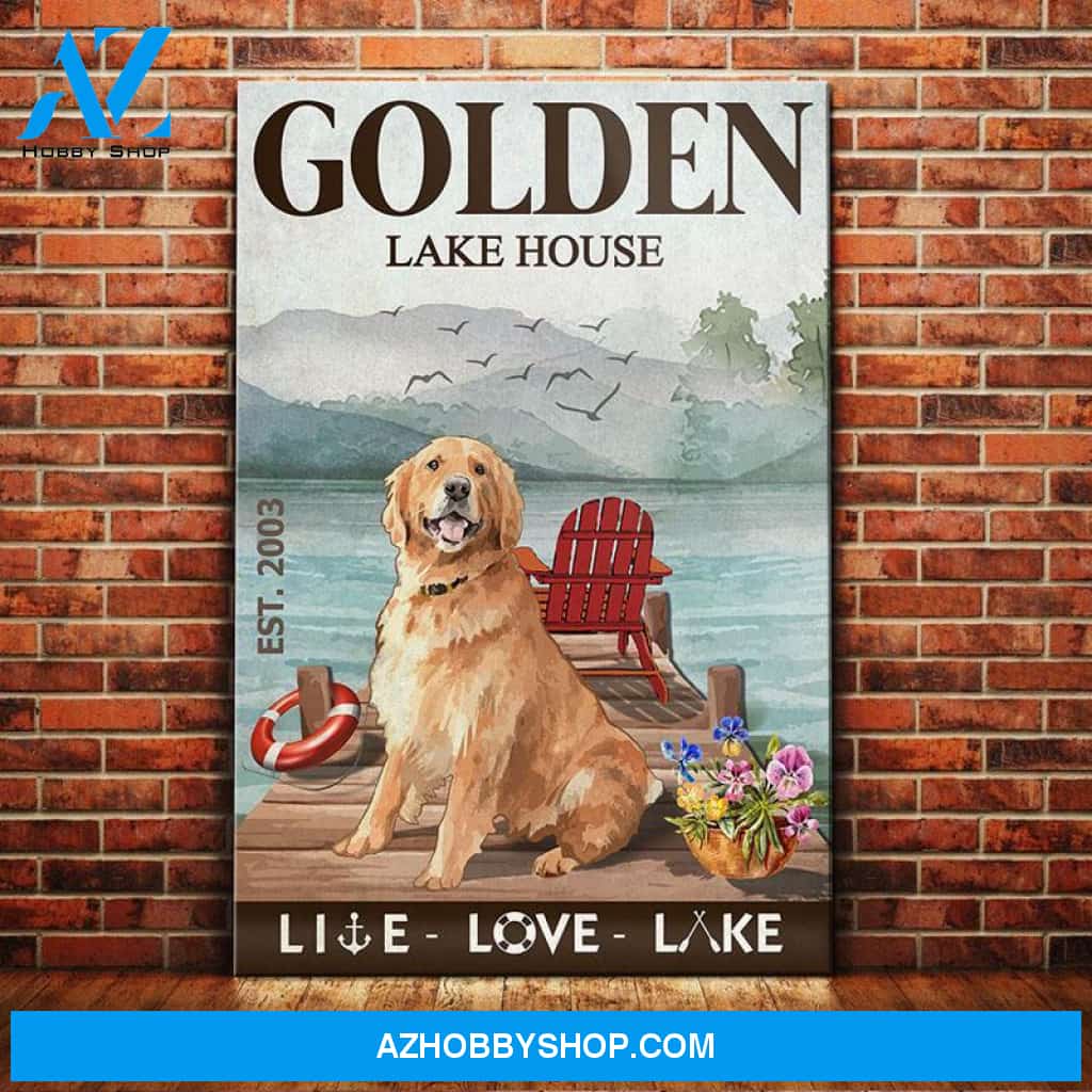 Golden Retriever Dog Lake House Canvas Wall Art, Wall Decor Visual Art