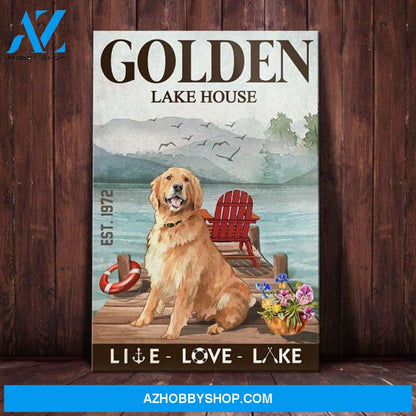 Golden Retriever Dog Lake House Canvas Wall Art, Wall Decor Visual Art