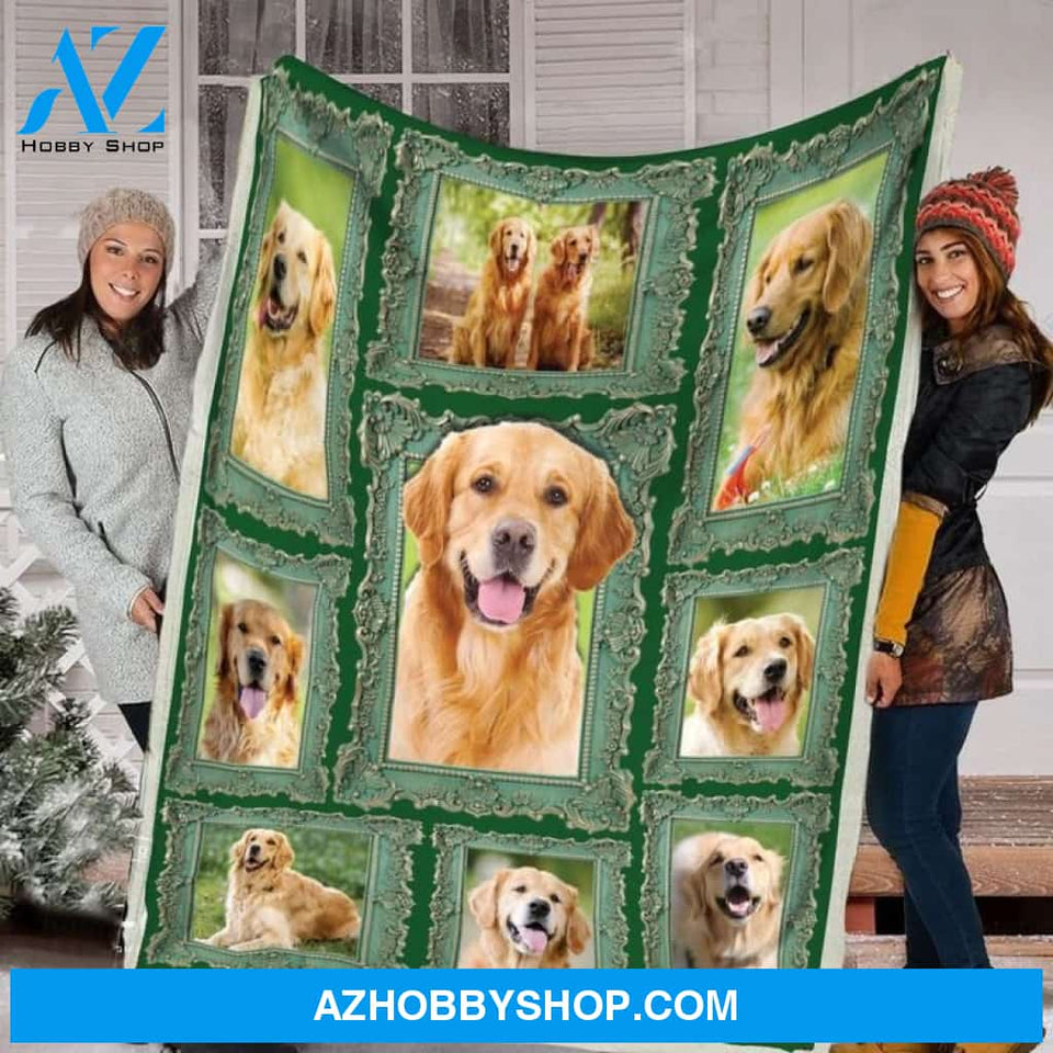 Golden Retriever Green Frame Fleece Blanket, Golden Retriever Dog lovers Gift For Family & Friends Gift Home Decor Bedding Couch Sofa Soft And Comfy Cozy