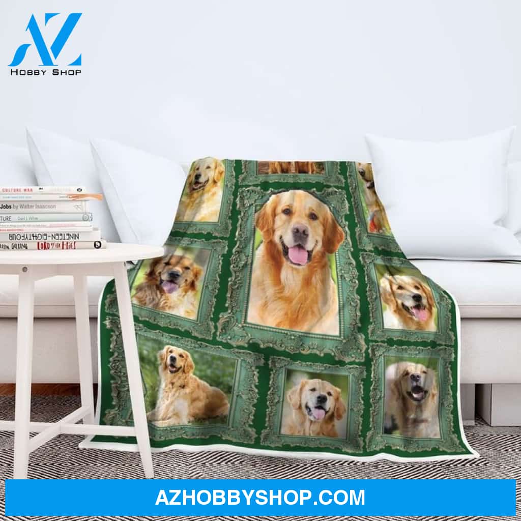 Golden Retriever Green Frame Fleece Blanket, Golden Retriever Dog lovers Gift For Family & Friends Gift Home Decor Bedding Couch Sofa Soft And Comfy Cozy