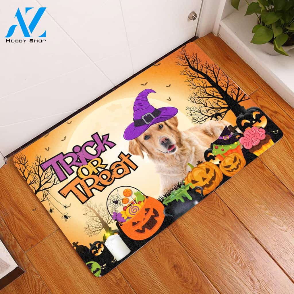 Golden Retriever Halloween Trick Or Treat - Door Mat | Welcome Mat | House Warming Gift