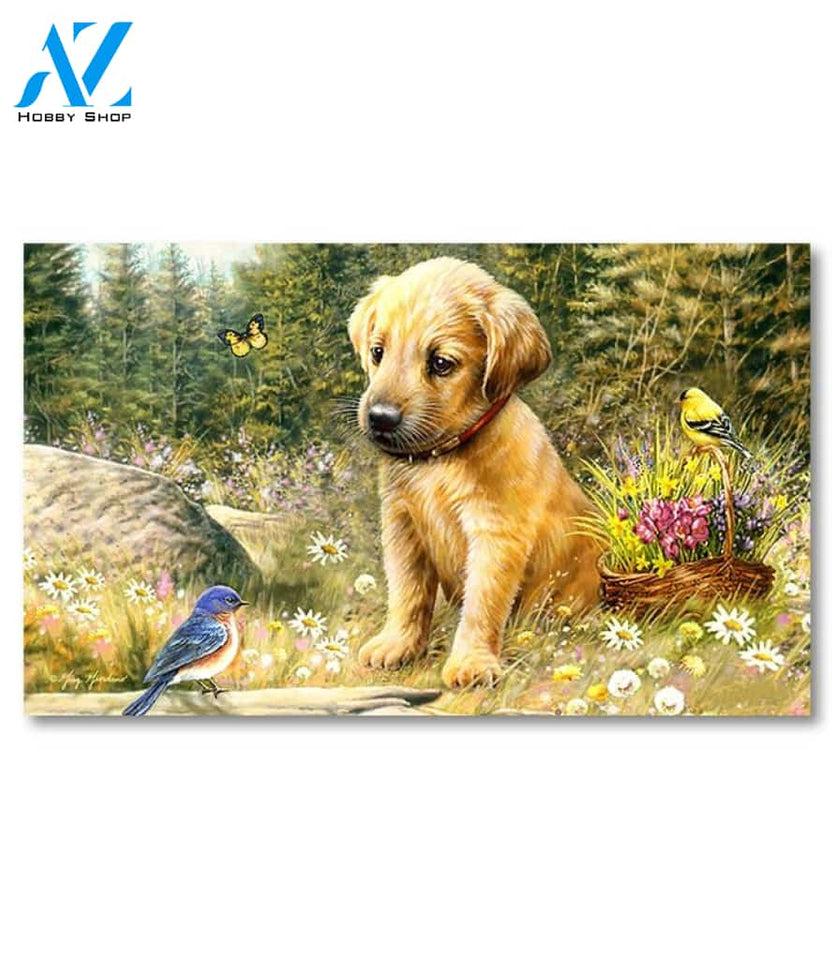 Golden Retriever Pup and Bluebird Doormat - 18" x 30"