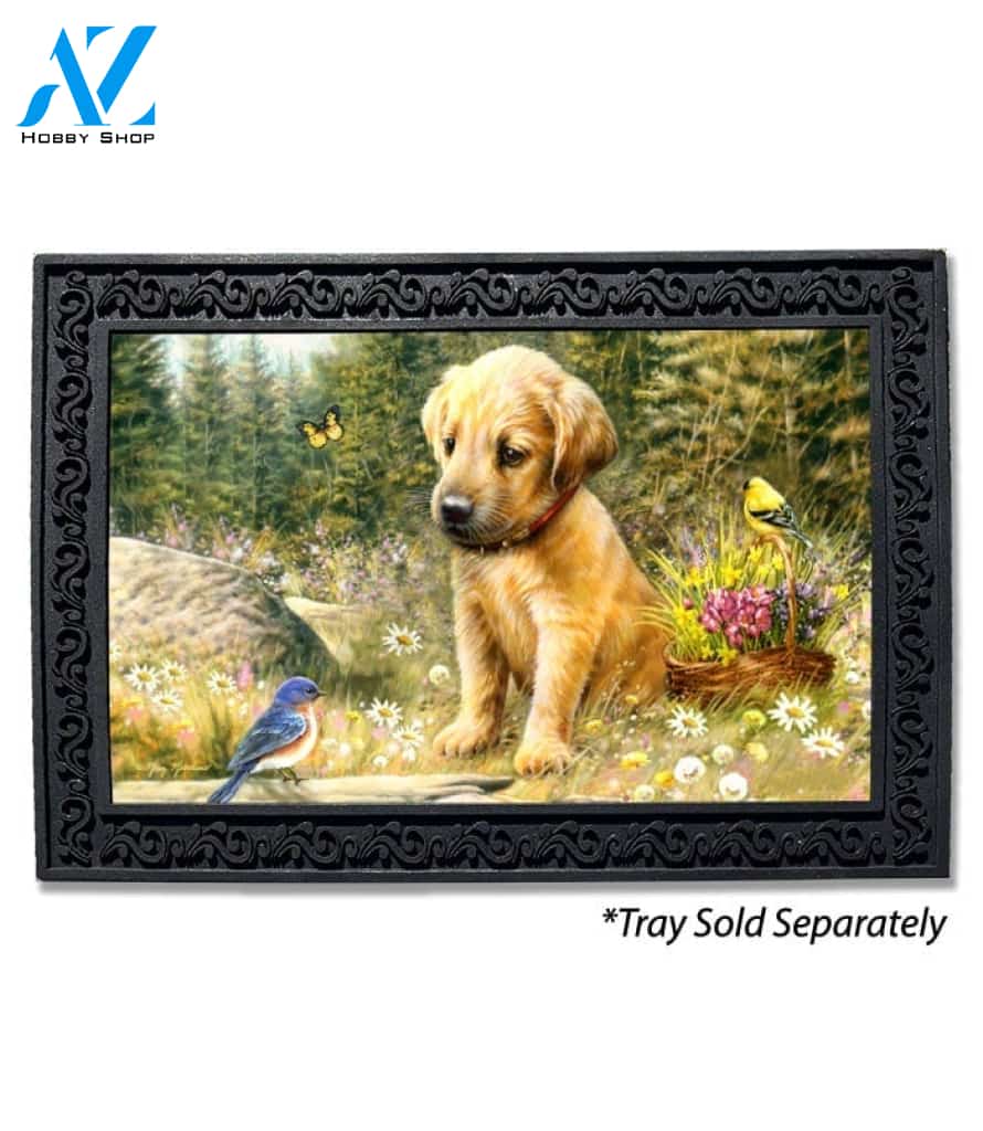 Golden Retriever Pup and Bluebird Doormat - 18" x 30"