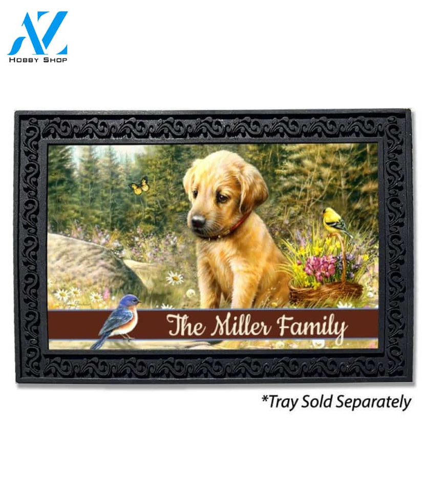 Golden Retriever Pup and Bluebird Personalized Doormat - 18" x 30"