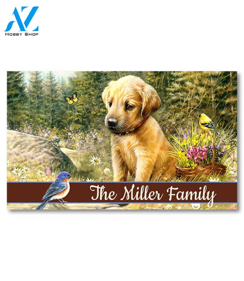 Golden Retriever Pup and Bluebird Personalized Doormat - 18" x 30"