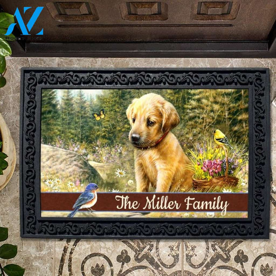 Golden Retriever Pup and Bluebird Personalized Doormat - 18" x 30"