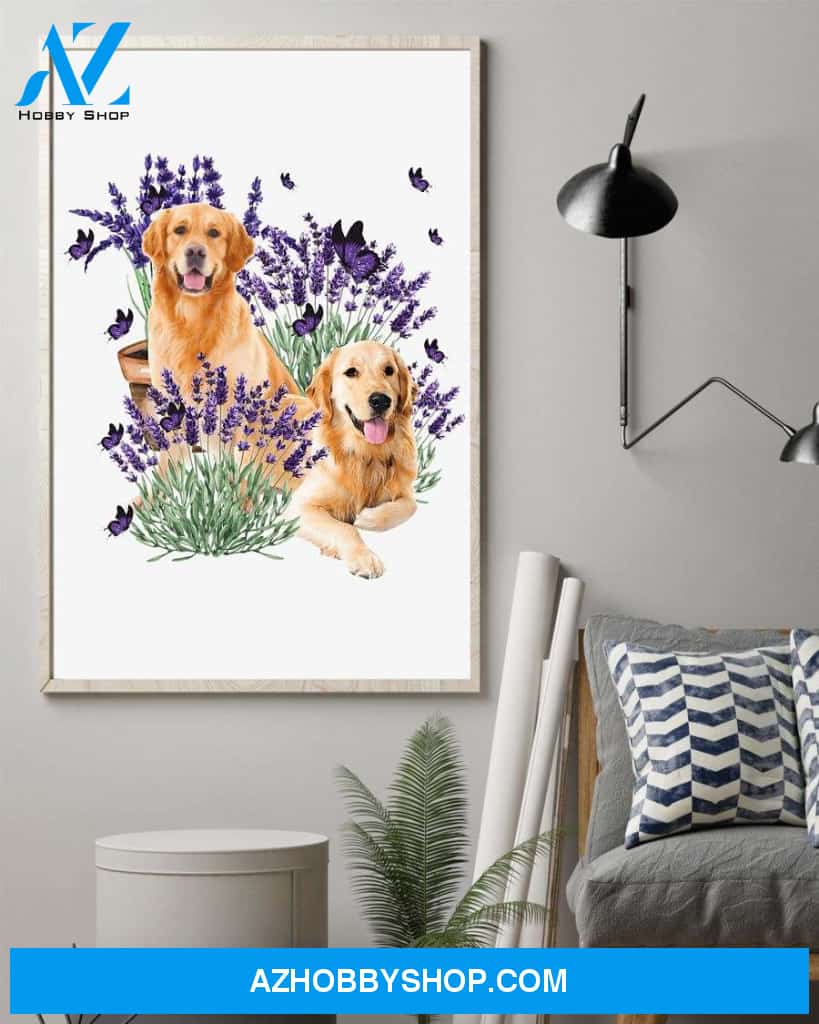 Golden Retriever with lavender flower poster
