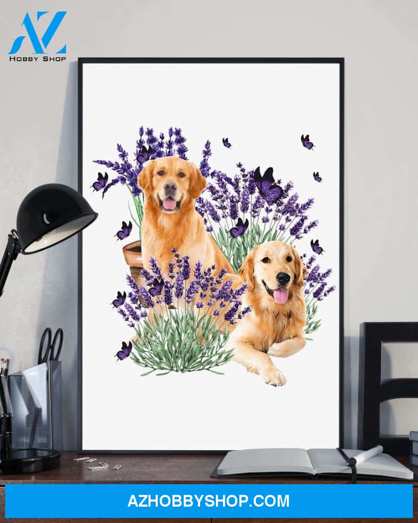 Golden Retriever with lavender flower poster