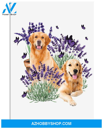 Golden Retriever with lavender flower poster