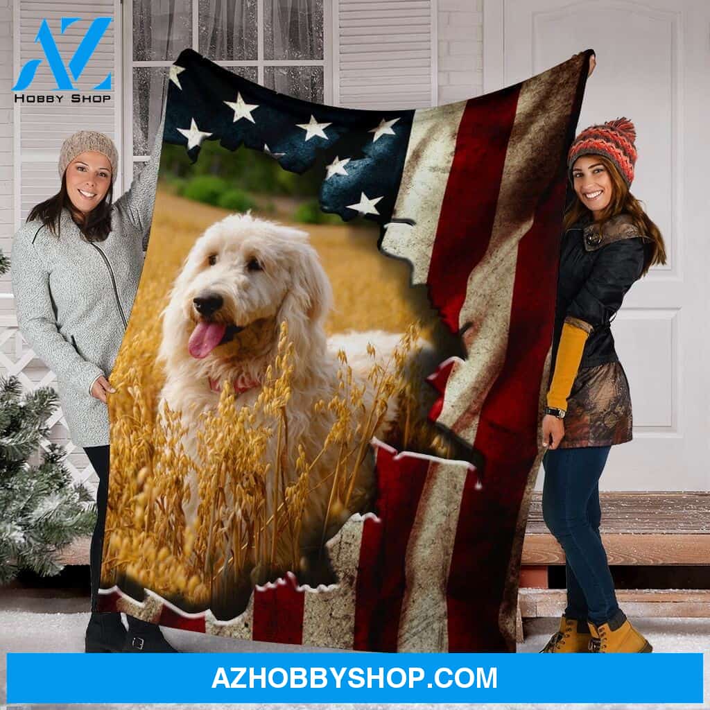 Goldendoodle Premium Blanket Behind The Flag Fleece Blanket