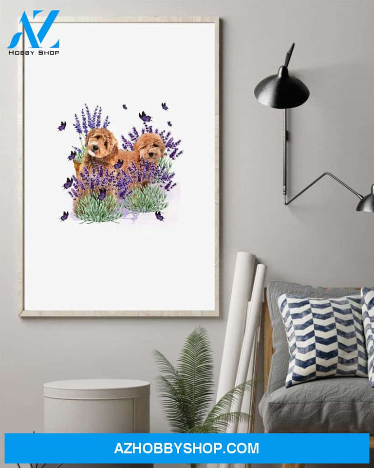 Goldendoodle with lavender flower poster