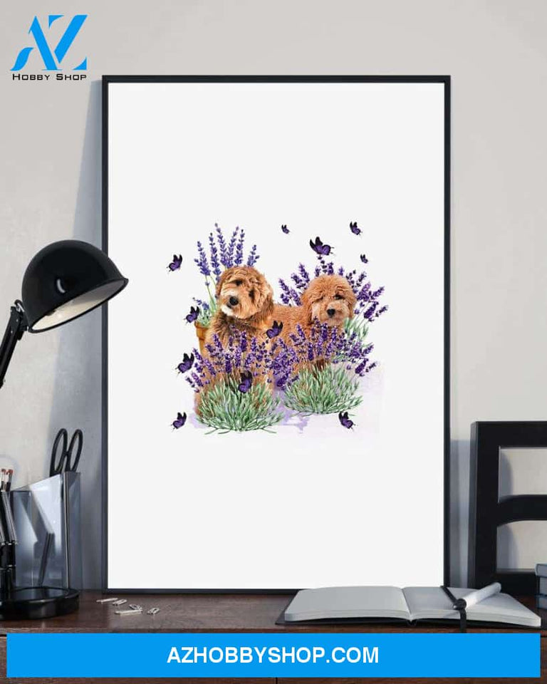 Goldendoodle with lavender flower poster