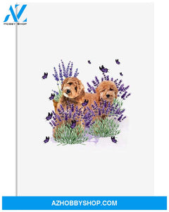 Goldendoodle with lavender flower poster