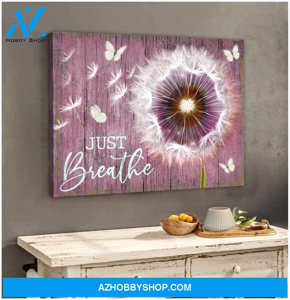 Gorgeous Dandelion and Butterfly Just Breathe Soft Pink BG Canvas Wall Art Decor