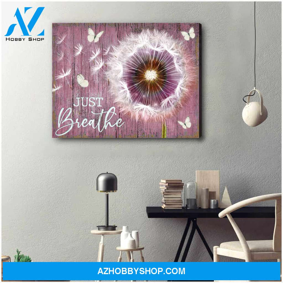 Gorgeous Dandelion and Butterfly Just Breathe Soft Pink BG Canvas Wall Art Decor