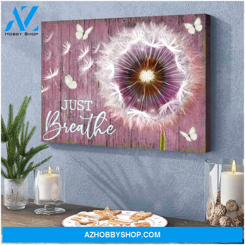 Gorgeous Dandelion and Butterfly Just Breathe Soft Pink BG Canvas Wall Art Decor