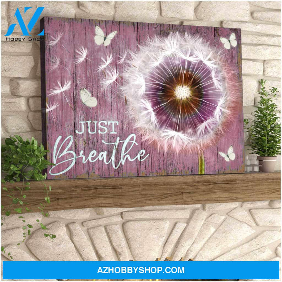 Gorgeous Dandelion and Butterfly Just Breathe Soft Pink BG Canvas Wall Art Decor