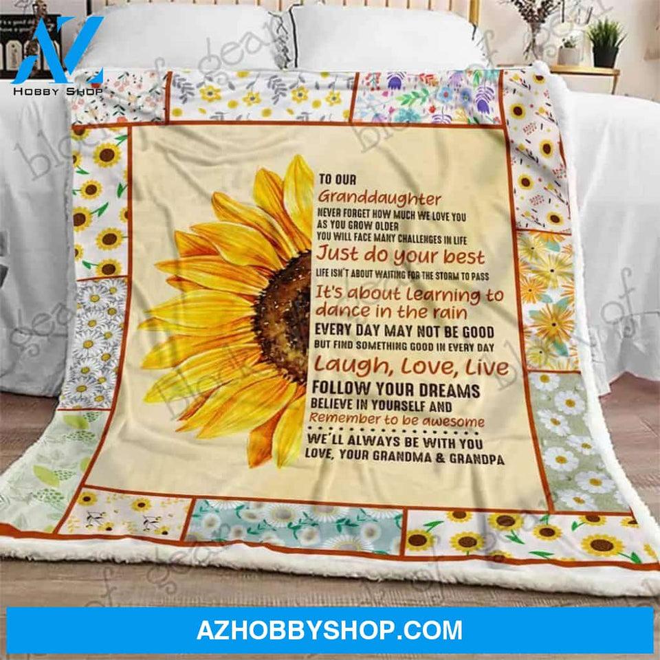 Granddaughter Sunflower Fleece Blanket Our Sunshine, From Grandma Grandpa - Gift For Granddaughter | Family Blanket