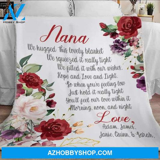 Grandma Throw Blanket, We Hugged This Blanket, Grandma Gift, Mothers Day Gift, Name Blanket, Floral Nana Name Blanket, Fleece Blanket, Sherpa Blanket