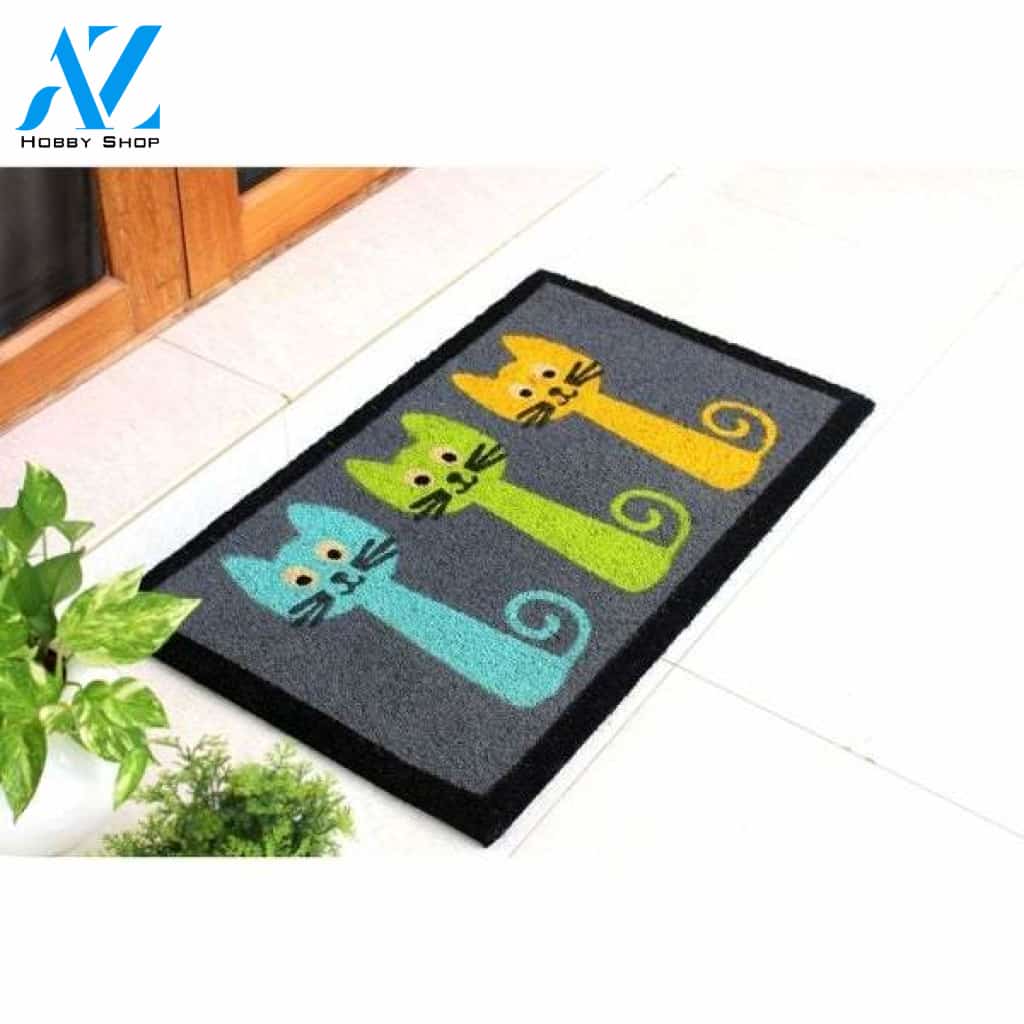 Gray Machine Tufted Three Cats Easy Clean Welcome DoorMat | Felt And Rubber | DO2490
