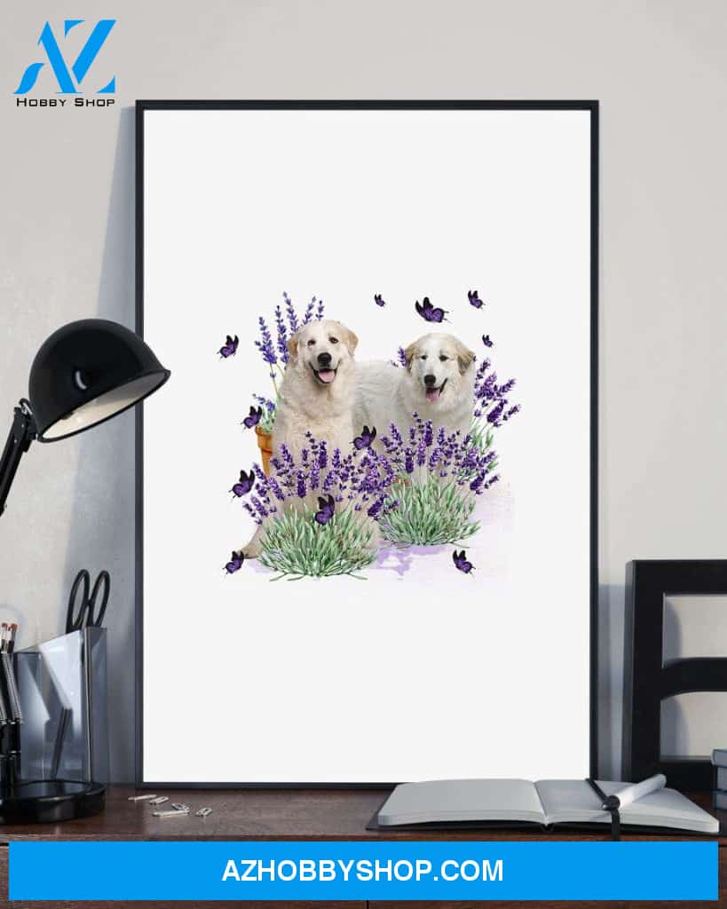 Great Pyrenees with lavender flower poster
