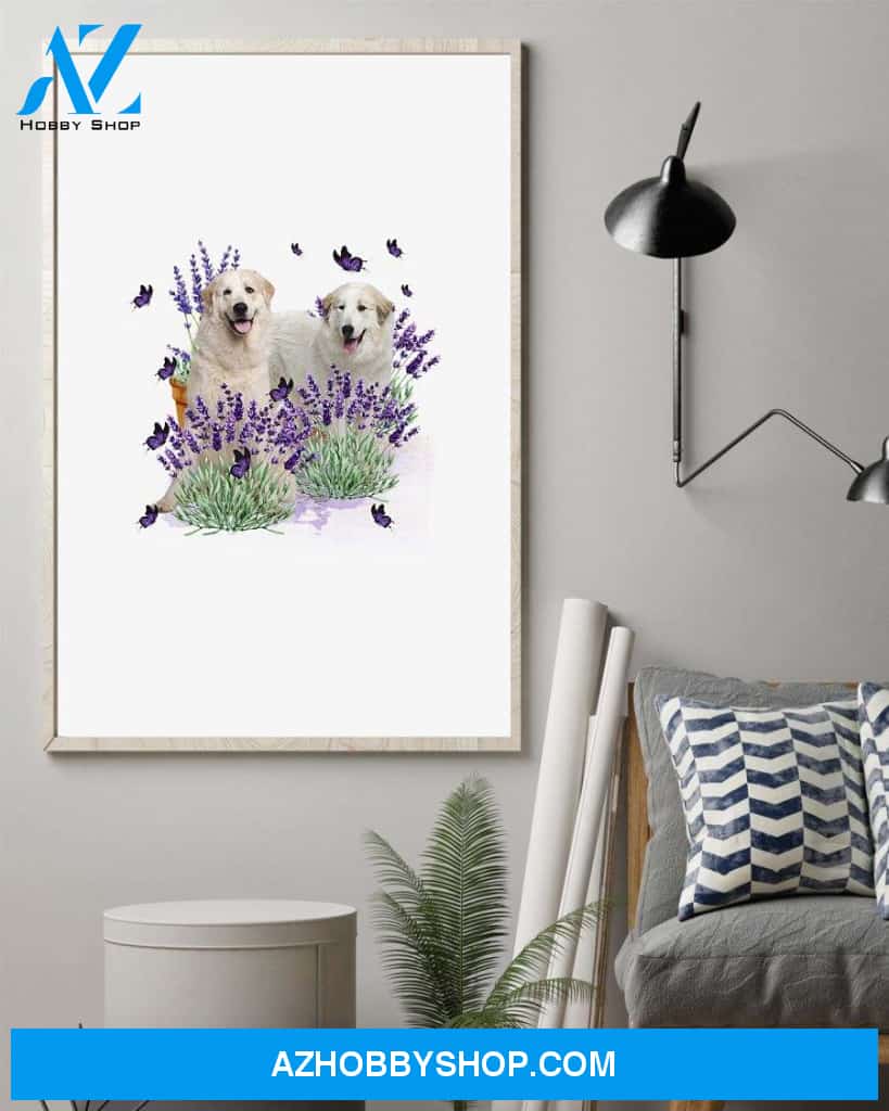 Great Pyrenees with lavender flower poster