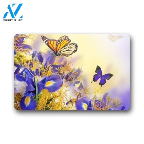 Green Floral Flying Butterfly And Irises Doormat Indoor And Outdoor Mat Entrance Rug Sweet Home Decor Housewarming Gift Gift For Friend Family Butterflies Lovers