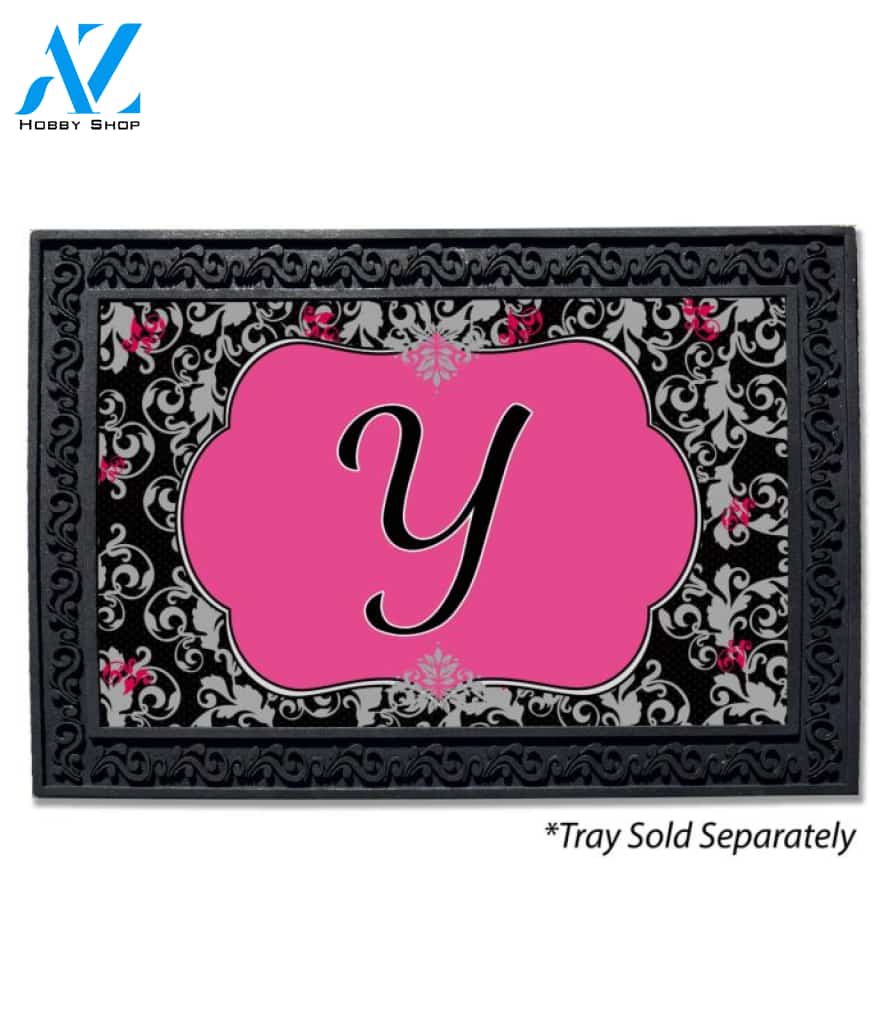 Grey & Black Damask Monogram Doormat - 18" x 30"