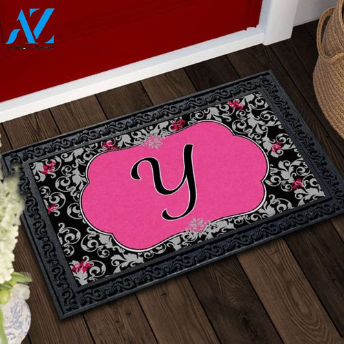 Grey & Black Damask Monogram Doormat - 18" x 30"