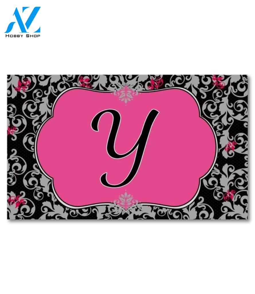 Grey & Black Damask Monogram Doormat - 18" x 30"