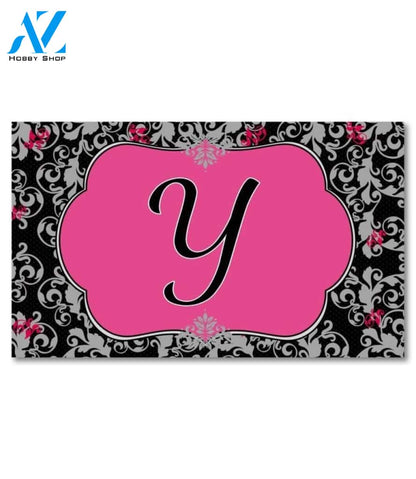 Grey & Black Damask Monogram Doormat - 18" x 30"