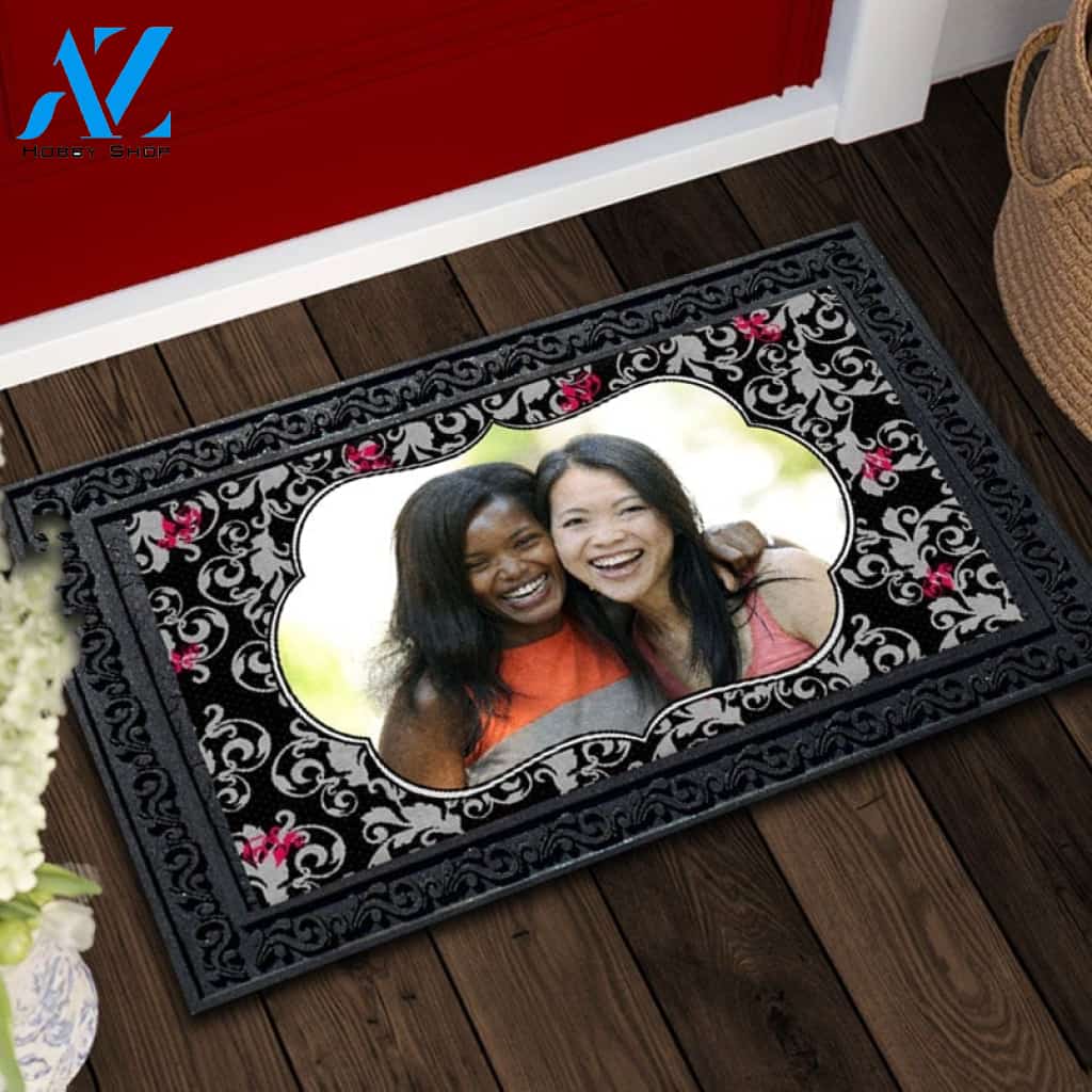 Grey Damask on Black Photo Doormat - 18" x 30"