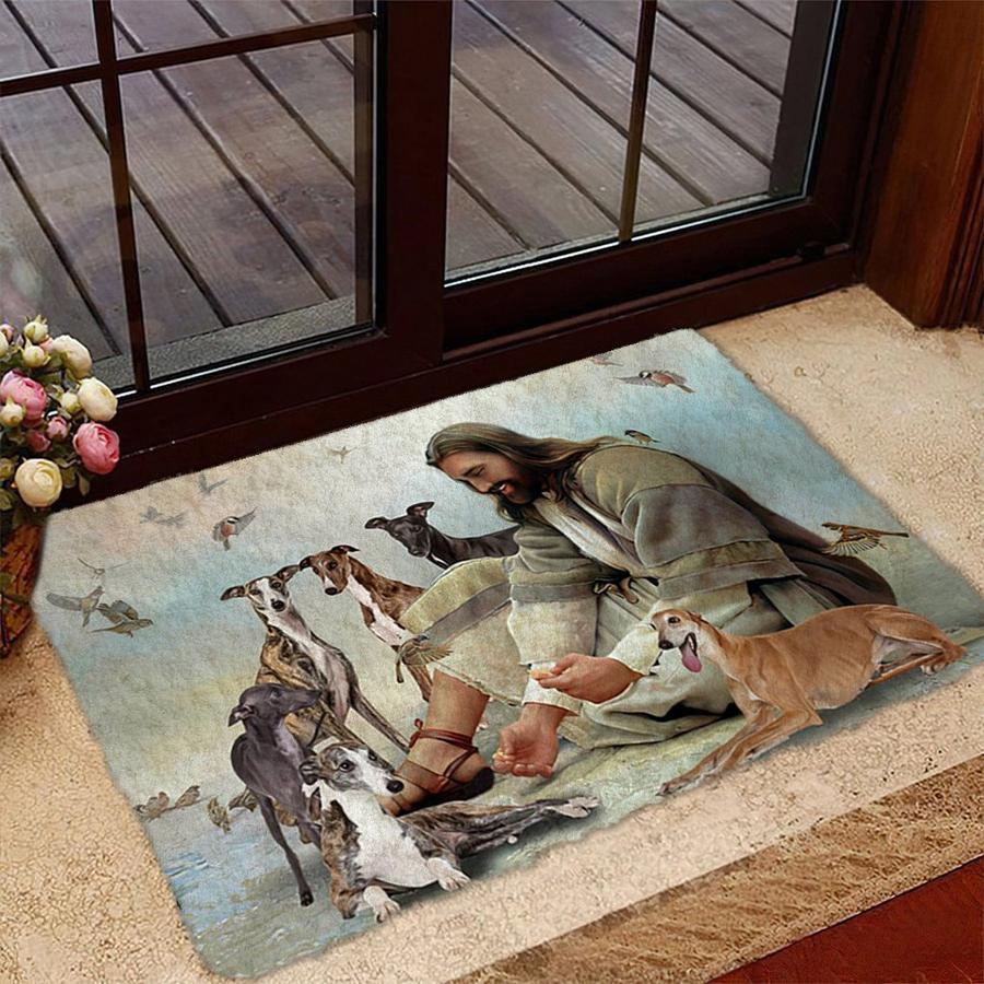 Jesus Surrounded By Greyhounds Doormat