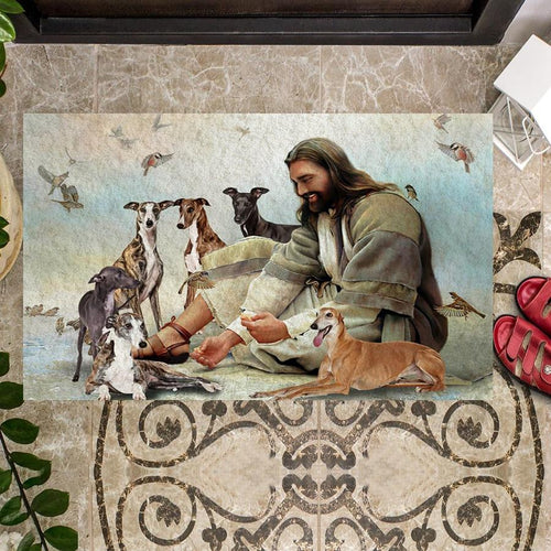 Jesus Surrounded By Greyhounds Doormat