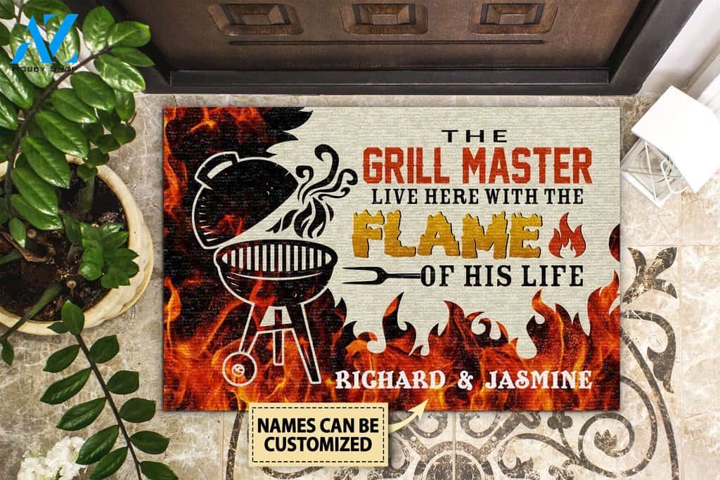 Grilling The Grill Master Live Here With Flame Custom Doormat | Welcome Mat | House Warming Gift