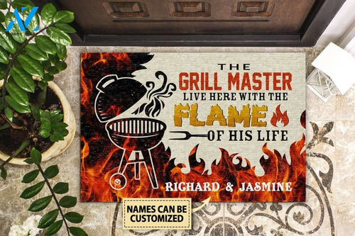 Grilling The Grill Master Live Here With Flame Custom Doormat | Welcome Mat | House Warming Gift
