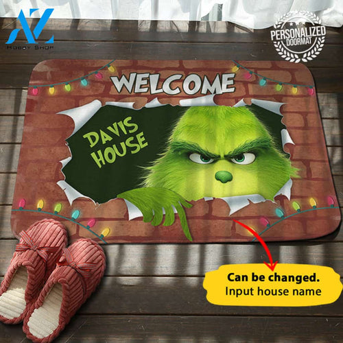 Grinch Broken House Name Personalized Doormat