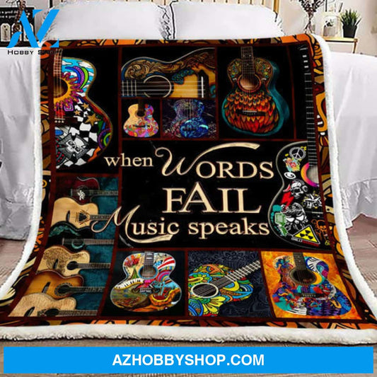 Guitar Blanket, When Words Fail Music Speaks Fleece Blanket