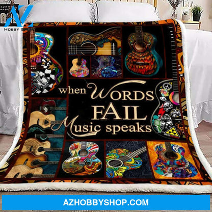 Guitar Blanket, When Words Fail Music Speaks Fleece Blanket