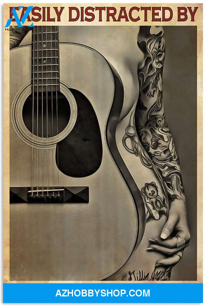 Guitar Easily Distracted By Music And Tattoo Canvas And Poster, Wall Decor Visual Art