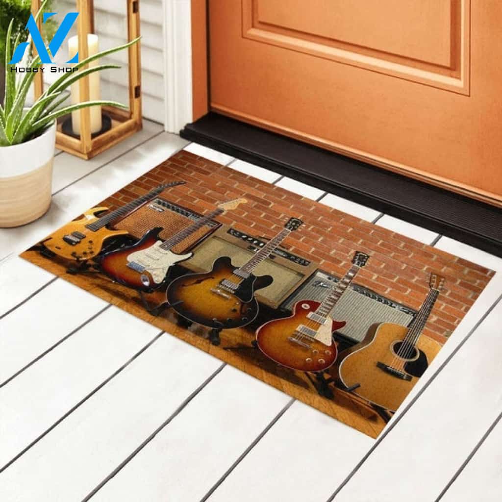 Guitar Electric Musical Instrument Wood Sound String Rock White Concert Jazz Doormat Welcome Mat House Warming Gift Home Decor Funny Doormat Gift Idea