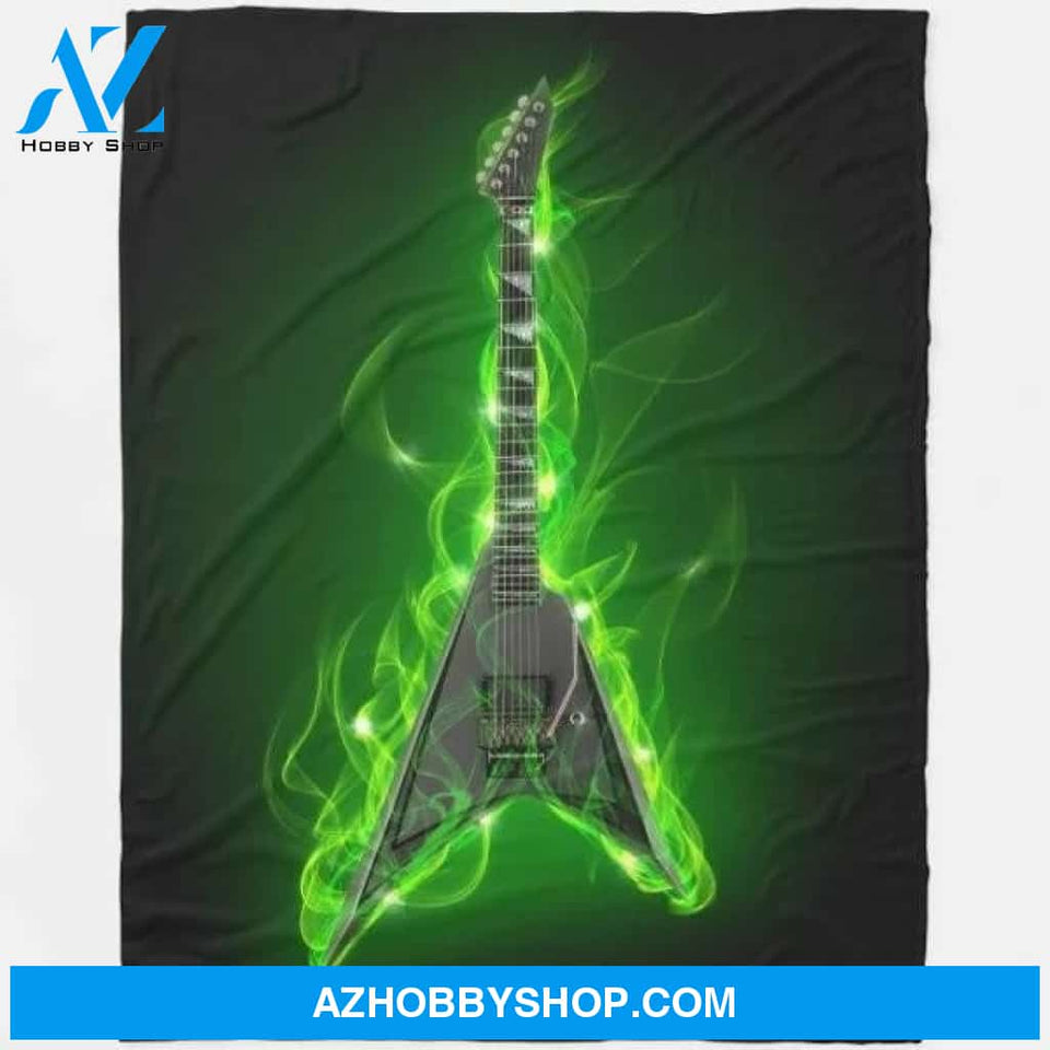 Guitar In Green Flames Large Fleece Blanket Gift For People Home Decor Bedding Couch Sofa Soft And Comfy Cozy
