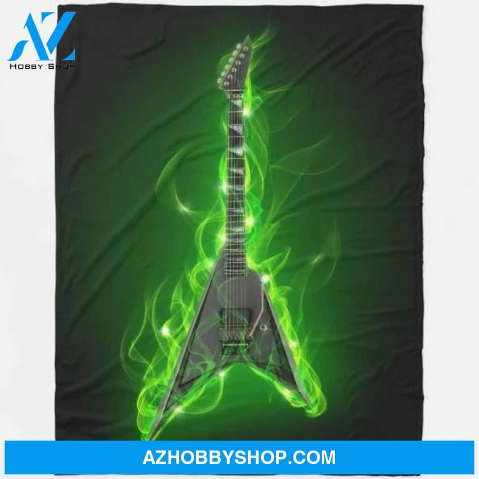 Guitar In Green Flames Large Fleece Blanket Gift For People Home Decor Bedding Couch Sofa Soft And Comfy Cozy