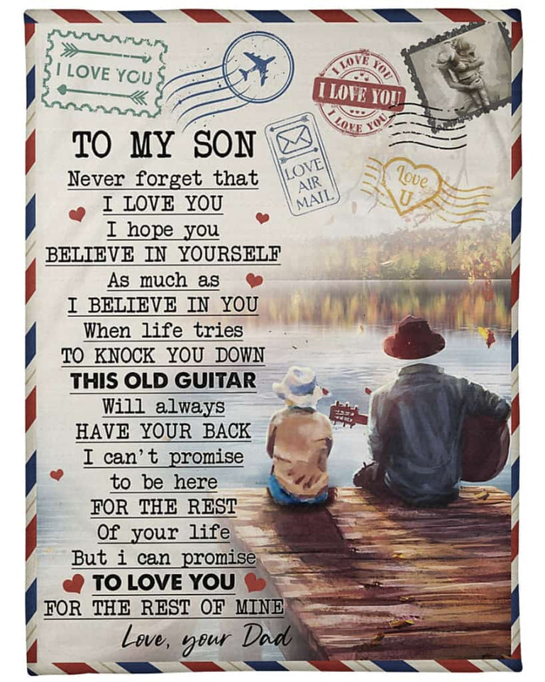Guitar Lake To My Son Never Forget That I Love You Letter Blanket Gift For Son From Dad Birthday Gift Home Decor Bedding Couch Sofa Soft and Comfy Cozy